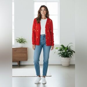 Quacker Factory Red Gold Long Sleeve Cardigan Sweater Size Large